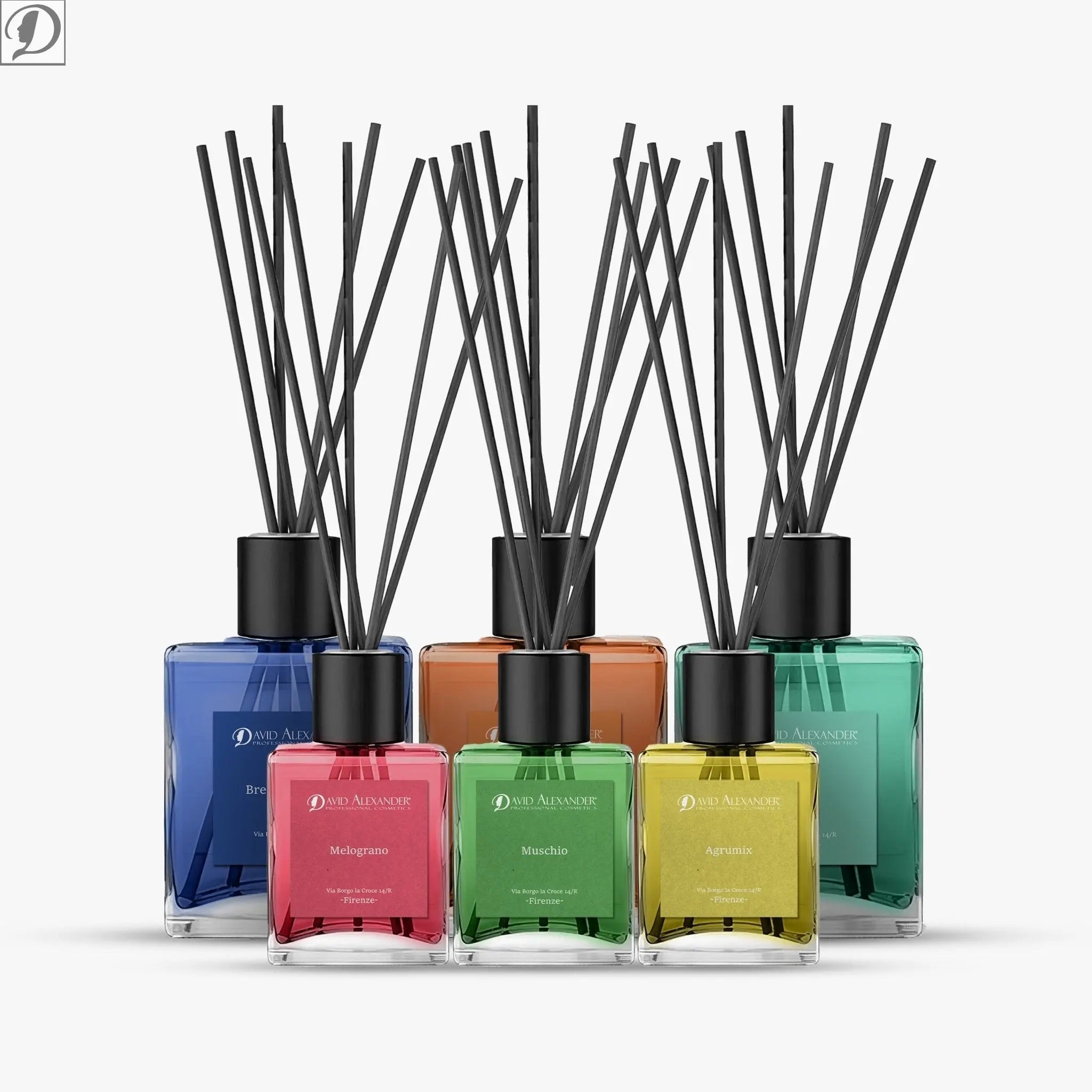 David Alexander Professional Cosmetics Kit Profumatori Con Bastoncini dì Bamboo Per Ambiente Brezza Marina, Orchidea E Vaniglia, Lavanda, Agrumi di Sicilia e Melograno